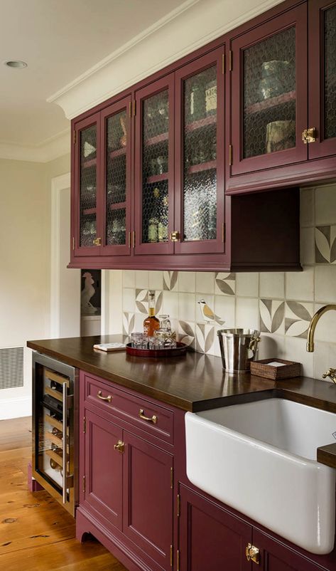 A classic Hudson Valley farmhouse gets an absolutely beautiful makeover Plum Kitchen Cabinets, Burgundy Kitchen Cabinets, Laundry Reno, Kitchen Dressers, Wire Cabinet, Red Kitchen Cabinets, Elizabeth House, Unfitted Kitchen, Glass Kitchen Cabinets