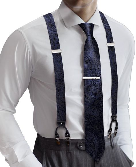 PRICES MAY VARY. HIGH-QUALITY SILK-Fabric soft and comfortable,content rich,1*Suspender +1*Tie+1*Pocket Square+ 2*Cufflinks+a free clip,different color for you to choice,an essential accessory for a man's wardrobe. SIZE-Suspender:1.4*59inches(3.5*150cm).BowTie:4.7*2.4inches(12*6cm),Adjustable according to neck-size:11-19inches(28cm-48cm),And its length is adjustable and could fit for the body shape of most customers. Special Clips Design: Y type suspender with 6 metal strong clips can help to ke Suspenders Men Fashion, Suspenders Outfit, Vintage Outfits Men, Black Suspenders, Havana Nights, Necktie Set, Suspenders Men, Suspenders Set, Red Paisley