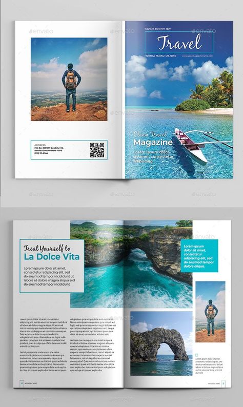 This beautiful and modern magazine template is perfect for your next travel adventure. With its stylish design and easy-to-use layout, you can easily create a stunning magazine that will inspire your readers to explore the Travel Magazine Cover, Digital Magazine Design, Travel Magazine Design, Travel Magazine Layout, Travel Brochure Design, Magazine Format, Modern Magazine, Brochure Design Layout, Design Theory