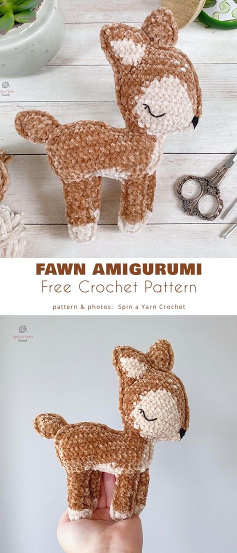 Fawn Amigurumi, Crochet Forest Animals, Crochet Forest, Crochet Woodland, Crochet Deer, Velvet Yarn, Deer Pattern, Crochet Stitches Tutorial, Crochet Toy