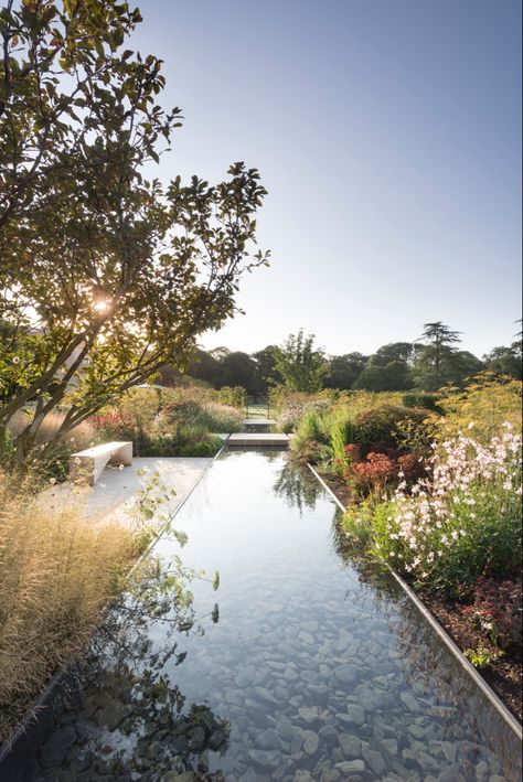 A perfect space for the forthcoming warmer and lighter evenings - tranquil, calm and unique. Marcus Barnett, Sunken Fire Pits, Fire Pit Seating Area, Garden Design Ideas, Fence Landscaping, Garden Architecture, Water Features In The Garden, Natural Pool, Garden Pool