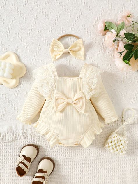 2pcs/Set Baby Girls Lovely Lace Bow Romper & Headband, Autumn/Winter Set Apricot     Plain  Slight Stretch  Baby Girls Clothing, size features are:Bust: ,Length: ,Sleeve Length: Cute Baby Clothes Newborn, Newborn Baby Girl Clothes, Luxury Baby Clothes, Mesh Romper, Newborn Fashion, Body Dentelle, Winter Set, Lace Bows