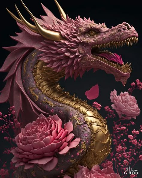 A Vision In Pink on Instagram: "🌸 Flower 🐉 dragons 4.0 Made with Midjourney. #dragon #dragons #ornate #dragonart #dragonborn #mythology #mythical #fantasy #fantasyart #pink #gold #avisioninpink" Haku Dragon, Dragon Born, Mythical Dragons, Scary Tattoos, Dragon Artwork Fantasy, Purple Dragon, Fairy Dragon, Animal Portraits Art, Pink Dragon