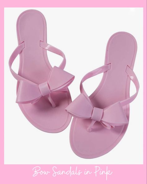 Pink bow flat sandals, women’s shoes, summer shoes, pink flats, vacation wear, spring style Beach Rain, Jelly Flip Flops, Bow Flip Flops, Dr Shoes, Fresh Shoes, Pink Beach, Bow Sandals, Summer Pool, Fashionista Clothes