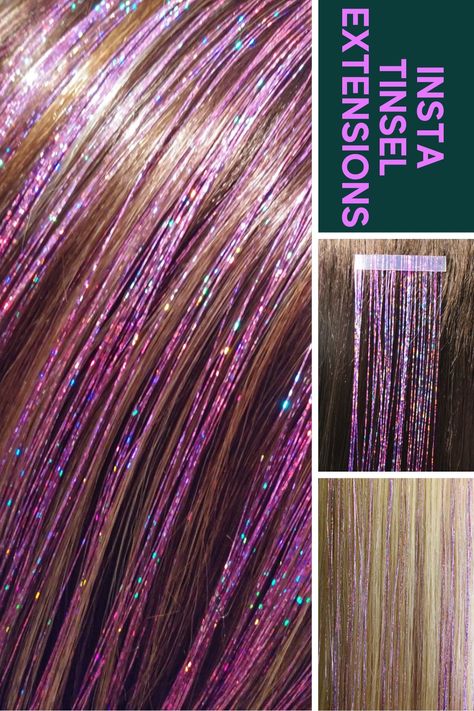 Fake Highlights Hair, Purple Tinsel In Brown Hair, Purple Hair Tinsel, Hair Tinsels, Tinsel Extensions, Tinsel Hair Extensions, Euphoria Party, Liv Rodrigo, Tinsel Hair