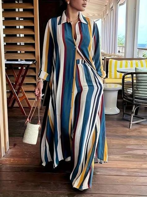 Plus Size Chic Outfits, Stripes Outfit, Plus Size Chic, Wide Leg Pants Outfits, Shirt Collar Styles, Leg Pants Outfit, Straight Clothes, Shirt Pant Set, Stylish Plus