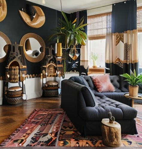 40 Black Bohemian Living Room Ideas Black Couch Boho Living Room, African Decor Living Room, Boho Living Room Rugs, Bohemian Living Room Ideas, Blue Couch Living Room, Boho Living Room Inspiration, Black Couch, Bohemian Living Room Decor, Black Bohemian