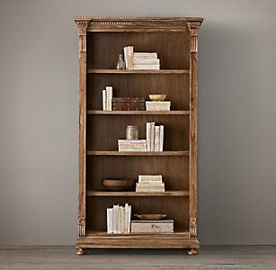 RH's St. James Collection - Antiqued Natural Restoration Hardware Bookshelf, Restoration Hardware Bookcase, Decorating Bookcases, Hallway Landing Ideas, Bookcase Redo, Room Objects, Furniture Restoration Ideas, Downstairs Hallway, Poppy Lane