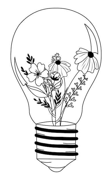 Electricity Art Drawings, Light Bulb Coloring Page, Lightbulb Line Art, Light Bulb Flowers, Light Bulb Art Drawing, Tawjihi Jacket, Boho Doodles, Lightbulb Tattoo, Concept Tattoo