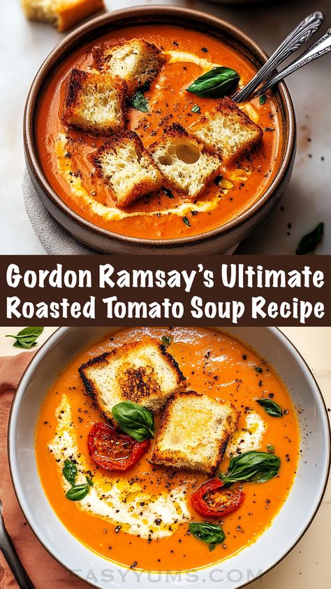 Experience restaurant-quality roasted tomato soup inspired by Gordon Ramsay! Made with fresh tomatoes, garlic, and herbs, this creamy and comforting soup is perfect for any season. Serve with crusty bread for the ultimate meal! Roasted Garlic And Tomato Soup, Creamy Roasted Tomato Soup Recipe, Gordon Ramsay Tomato Soup, Healthy Creamy Tomato Soup, Roasted Feta Tomato Soup, Roasted Tomato Soup With Fresh Tomatoes, Homage Tomato Soup, Roasted Tomato Vegetable Soup, Homemade Roasted Tomato Soup