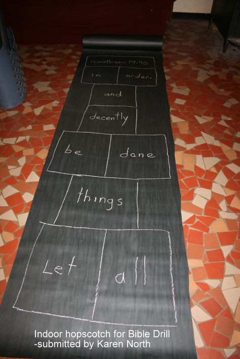 Indoor Bible verse hopscotch for when it's too cold/rainy/dark outside! Use bulletin board paper or newsprint rolls from your local newspaper office. Bible Drill Games, Verse Board, Newspaper Office, Cave Quest, Dark Outside, Children Ministry, Bulletin Board Paper, Theme Board, Picnic Theme