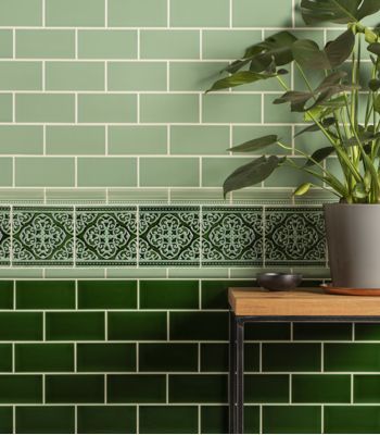 Bathroom Feature Wall Tile, Stone Tiles Kitchen, Bert And May Tiles, Mosaic Tile Kitchen, Victorian Green, Victorian Floor Tiles, Victorian Floor, Brick Decor, Gold Mosaic