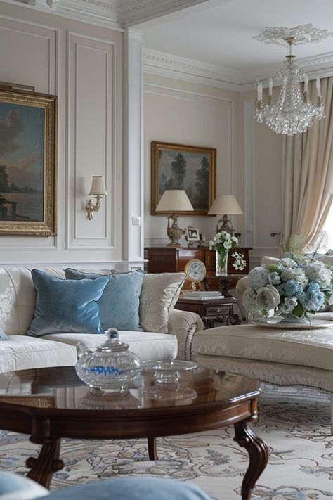 29 Timeless Decor Style Ideas To Achieve A Classic Look - Learn California Classic Elegant Living Room, Modern Classy Living Room, Elegant Traditional Living Room, Blue And White Interior Design, Classic Interior Design Living Room, Classical Living Room, Classic Living Room Design, Formal Living Room Designs, Sophisticated Interior Design