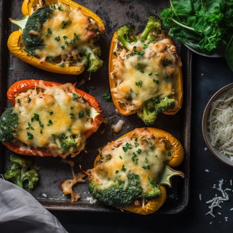 Cheesy Chicken Stuffed Bell Peppers with Broccoli Dinners With Broccoli, Chicken Stuffed Bell Peppers, Cheesy Chicken And Broccoli, Meal Planning Menus, Favorite Recipes Chicken, Bell Pepper Recipes, Broccoli Recipe, Chicken And Broccoli, Chicken Stuffed