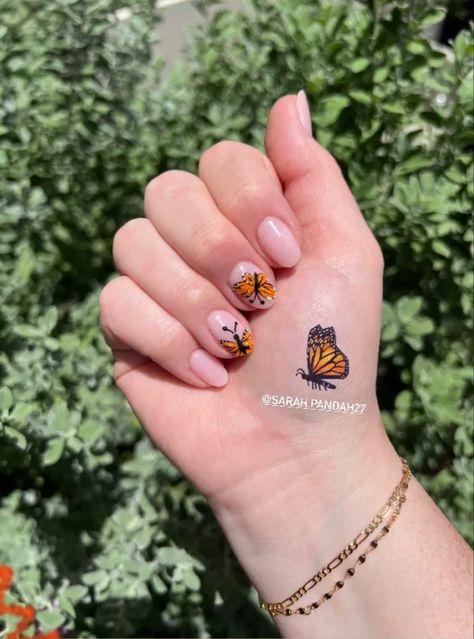 Monarch Butterfly Nail Art, Monarch Nails, Monarch Butterfly Nails, Manicure On Natural Nails, Butterfly Manicure, Dip Polish, Ombre Acrylic, Butterfly Nail Designs, Butterfly Nails