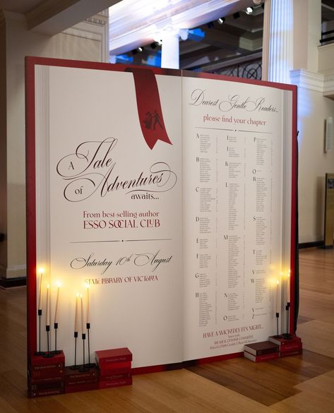 a tale of adventures awaits...⁠ and of course the seating chart has to look like an open book! is there anything more perfect? #bookseatingchart ⁠ ⁠ created for esso’s elegant corporate black-tie gala dinner, put together by @lnr_events_ •⁠ event design, concept & management: @lnr_events_⁠ catering: @showtimeeventgroup venue: @library_vic florist: @aschajolie styling props: @prolightstyling av & production manager: @prolightandsound event stationery: @adelphimou entertainment: @becken... Black Tie Gala, Gala Dinner, Open Book, Seating Chart, Event Catering, Seating Charts, Design Concept, Event Design, Black Tie