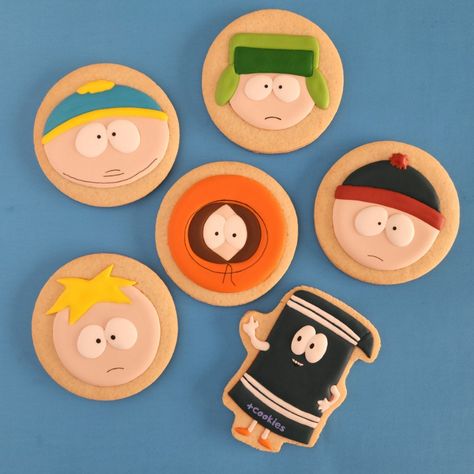 Galletas decoradas / decorated cookies South Park Cookies Decorated, Anime Decorated Cookies, South Park Cookies, Nerds Cookies, Nerd Cookies, Cookies Decoradas, Small Bakery, Mini Cakes Birthday, Best Sugar Cookies