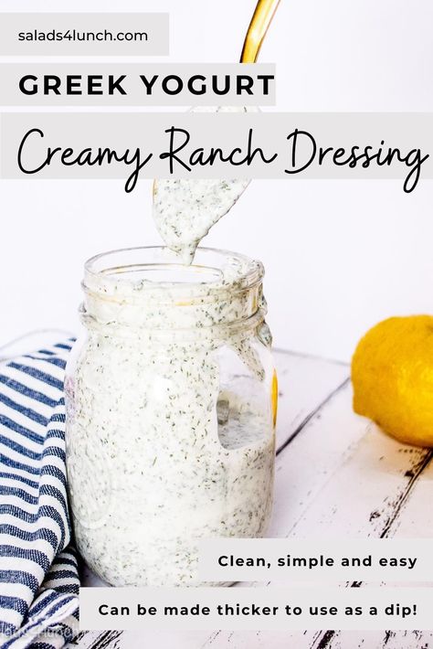 Homemade Healthy Greek Yogurt Ranch Dressing recipe. A DIY, Clean, simple and easy recipe using pantry staples. Can be made thicker to use as a dip. Tastes amazing- use for low carb, skinny or weight watchers to top a salad. You'll never miss the bottle! #greekyogurt #ranchdressing #healthydressing Yogurt Ranch Dressing Recipe, Greek Yogurt Ranch Dressing, Healthy Dressing Recipes, Yogurt Ranch, Yogurt Ranch Dressing, Greek Yogurt Ranch, Greek Yogurt Dressing, Salad Dressing Recipes Healthy, Healthy Greek Yogurt