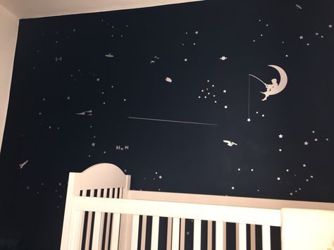 The feature wall Michael designed for our nursery. It's the night sky as it is in March when our little one will be born with a few funky additions if you look closer ( space invaders, Star Wars and Star Trek space crafts, MIR space station etc) Star Themed Nursery, Space Invaders, Themed Nursery, Space Station, The Night Sky, Space Crafts, Nursery Ideas, Nursery Themes, Future Kids