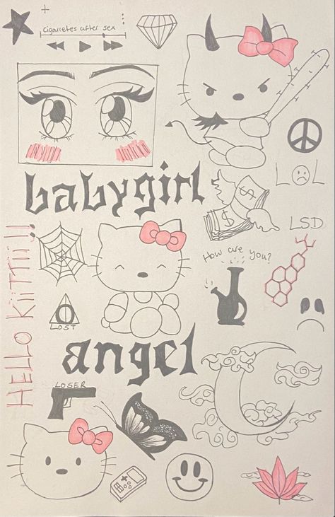 Made by me, baddie doodles Cute Baddie Drawings, Drawing Ideas Baddie, Baddie Graffiti, Hello Kitty Drawing Sketches Y2k, 2000s Doodles, Baddie Doodles, Hello Kitty Doodles, Alt Doodles, Baddie Drawings Sketch