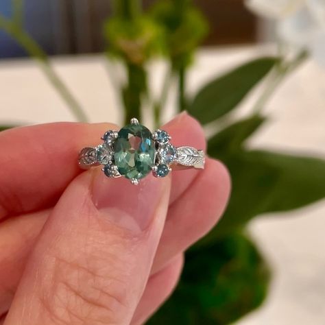 1.59ct Oval Cut Light Green Natural Sapphire with Natural Sapphire Sidestones Engagement Ring Color, Sapphire Silver Ring, Oval Sapphire Ring, Colored Engagement Rings, Green Oval, Leaf Motif, Green Sapphire, Ring Color, Natural Sapphire