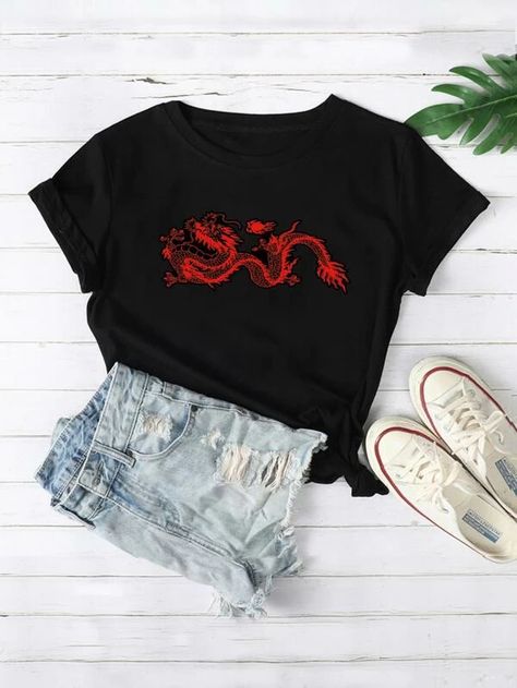 Dragon Graphic Short Sleeve Tee | SHEIN USA Clothing Shops, Light Blue Shorts, Dragon Print, Round Neck Tees, Online Clothing, Printed Shorts, Black Tee, Black Tshirt, Dresses Online