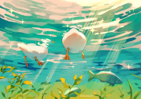 floating duck 🍑⁣ – @tofublock on Tumblr Tofublock Art, Duck Desktop Wallpaper, Illustration Wallpaper Desktop, Duck Character Design, Floating Illustration, Duck Background, Ducks Wallpaper, Wallpapers Macbook, Desktop Aesthetic