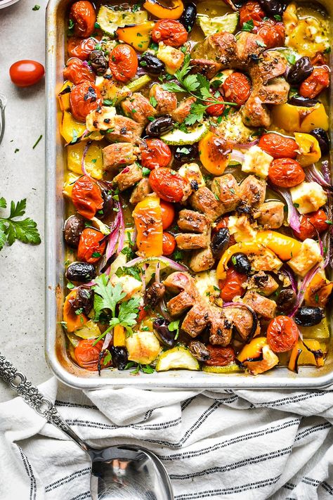 Greek Sausage Sheet Pan Dinner Greek Sausage, Italian Style Chicken, Sausage Sheet Pan Dinner, Sausage Sheet Pan, Feta And Olives, Chicken Sausage Recipes, Mediterranean Diet Recipes Dinners, Sausage Dinner, Greek Dinners