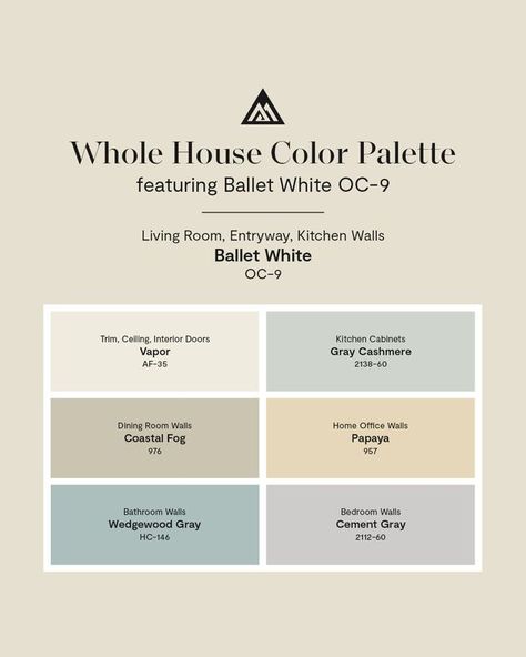 Ballet White Color Palette, Whole House Color Palette Benjamin Moore, Benjamin Moore Whole House Palette, House Paint Color Palette, Ballet White, Coastal Fog, Interior Design Quotes, Icon Painting, House Color Palettes