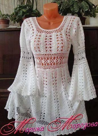 Lace Tunic Dress, Crocheted Dress, Gilet Crochet, Confection Au Crochet, Long Sleeve Tunic Dress, Mode Crochet, Stil Boho, Crochet Tunic, Lace Tunic