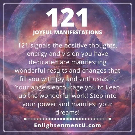 121 signals the positive thoughts, energy and vision you have dedicated are manifesting wonderful results and changes that fill you with joy and enthusiasm. Your angels encourage you to keep up the wonderful work! Step into your power and manifest your dreams! 121 Meaning, 121 Angel Number, 121 Angel Number Meaning, Divine Numbers Spiritual, Numerology Number 11, Angel Number 1, Fibonacci Number, 09:09 Angel Number Meaning, 08:08 Angel Number Meaning