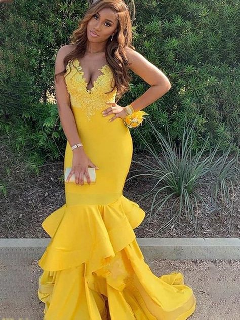 Trumpet/Mermaid Stretch Crepe Applique V-neck Sleeveless Sweep/Brush Train Dresses Yellow Prom Dresses, Prom Dresses Black Women, Yellow Mermaid, Yellow Prom, Winter Wedding Venues, Train Dress, Dresses Black Women, Prom Dresses Black, 2020 Prom Dresses