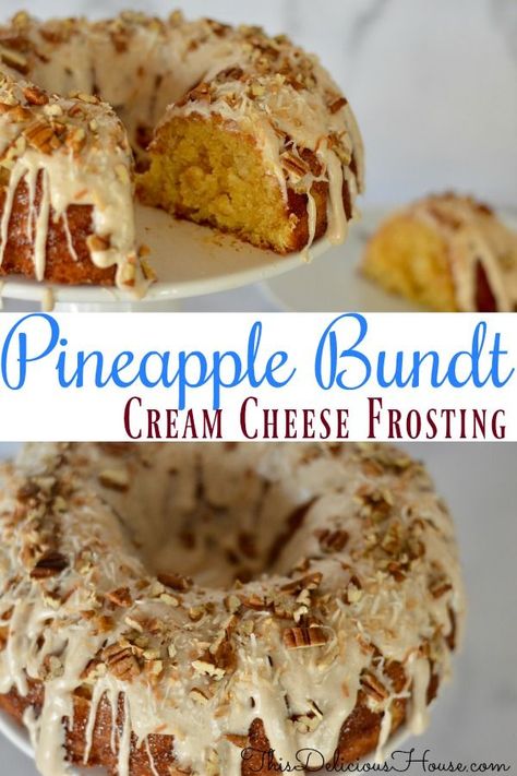 Delicious Pineapple Bundt Cake with a cinnamon cream cheese frosting topped with toasted coconut and pecans is so easy to make in one bowl. Don't miss this super moist and tasty cake! #pineapplebundtcake #pineapplecake Best Pineapple Cake, Bundt Cake Cream Cheese Frosting, Pineapple Bundt Cake, Cream Cheese Frosting Cake, Bowl Cake, Pineapple Cake, Bundt Cakes Recipes, Just Cakes, Pound Cake Recipes