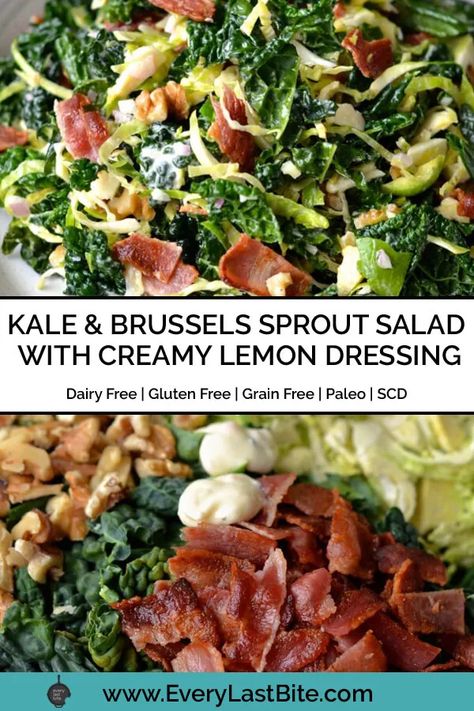 Kale Brussel Sprout Salad, Creamy Lemon Dressing, Brussel Sprout Slaw, Lemon Kale Salad, Salad With Lemon Dressing, Bacon Kale, Salad Recipes With Bacon, Shredded Brussel Sprout Salad, Brussel Sprout Salad Recipes