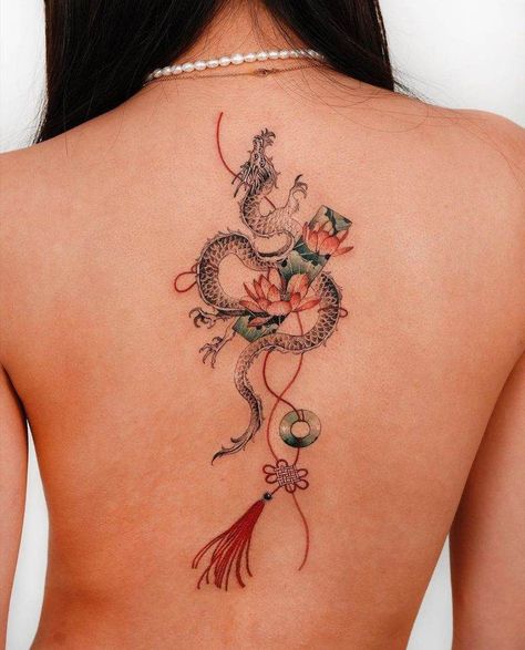 Asian Inspired Back Tattoo, Upper Back Piece Tattoos For Women, Vietnamese Dragon Tattoo, Vietnamese Inspired Tattoo, Vietnamese Tattoo Ideas, Charm Tattoo, Ear Tattoo Ideas, Dragon Tattoo For Women, Whale Tattoos