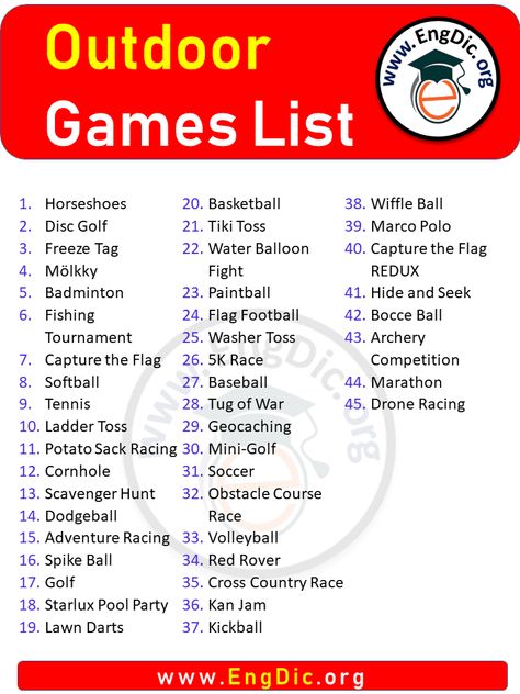 Outdoor Games List in English Playing games is a great way to have fun and spend time with family and friends. There are many different types of games, but one of the most popular types is outdoor games. Outdoor games are games that are played outside, and they can be enjoyed by people of all ages. Some of the most popular outdoor games include tag, hide-and-seek, and duck-duck-goose. Here is the list of Outdoor games names: You may Like to Read: 10 Most Common Outdoor Names Outdoor Games Names Games To Play With Friends Outdoor, Games To Play At A Picnic, Picnic Ideas For Friends Games, Games To Play At A Picnic With Friends, Fun Games To Play Outside With Friends, Picnic Game Ideas For Friends, Fun Games To Play Outside With 2 People, Things To Play Outside, Family Games Picnics