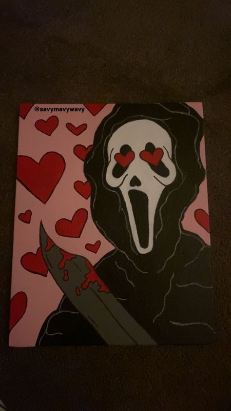 ghostface painting heart eyes pink scream movie pink ghostface art canvas paint inspo Scream Canvas Painting Easy, Easy Ghost Face Painting, Pumpkin Painting Ideas Scream, Ghost Face Painting Easy, Scream Painting Easy, Scream Ghostface Drawing, Ghostface Painting Canvas, Ghostface Desenho, Ghostface Pumpkin Painting