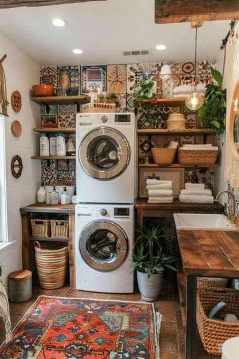 Vintage Eclectic Laundry Room, Whimsical Home Decor Bohemian Style, Colourful Rustic Decor, Laundry Room Eclectic, Boho Whimsical Decor, Tiny Home Laundry Room, Boho House Outside, Whimsigoth Laundry Room, Bohemian Laundry Room Ideas