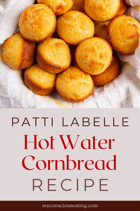 Traditional hot water cornbread in pan Hot Water Cornbread Recipe Jiffy, Easy Hot Water Cornbread Recipe, Hot Water Cornbread Recipe Soul Food, Hush Puppies Recipe With Corn, Water Cornbread Recipe, Cornbread Dishes, Jiffy Recipes, Water Cornbread, Jiffy Cornbread Recipes