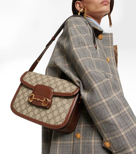 Gucci Horsebit 1955 GG Shoulder Bag in Brown - Gucci | Mytheresa Gucci Horsebit, Brown Outfit, Chanel 2, Roger Vivier, Small Shoulder Bag, Dolce & Gabbana, Vivienne Westwood, Manolo Blahnik, Chanel Bag