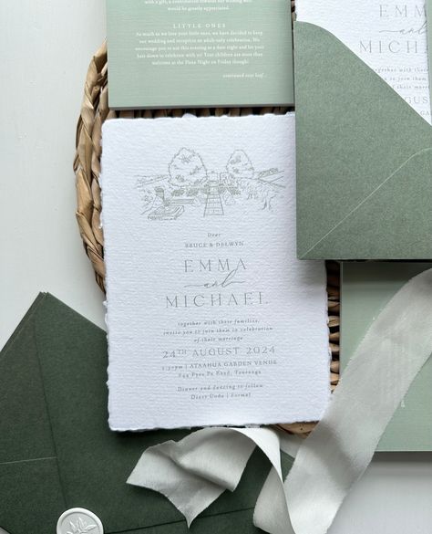 Contemporary yet Classic 🌿⁠ ⁠ Swooning over this layered combo of handmade, deckled edge paper & textured card for E&M. These green and white tones are absolutely perfect for their wedding venue @ataahua_gardenvenue in Tauranga - it was such a delight to sketch the private, pebbled courtyard and manicured gardens.⁠ ⁠ This design is from the DAPH Semi Custom range, and the beautiful handmade paper and silk ribbon from @feathersandstone⁠ ⁠ G x⁠ Deckled Edge Paper, January 2024, Wedding Stationary, Wedding Invites, Wedding Paper, Silk Ribbon, Gorgeous Wedding, Handmade Paper, Green And White