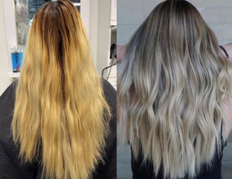 Get the details for this blended blonde before and after hair transformation using Pulp Riot color. Bleached Ends, Blended Blonde, Box Hair Dye, Blonde Transformation, Color Correction Hair, Hair Mask Recipe, Thicker Healthier Hair, Blonde Ends, Before And After Hair