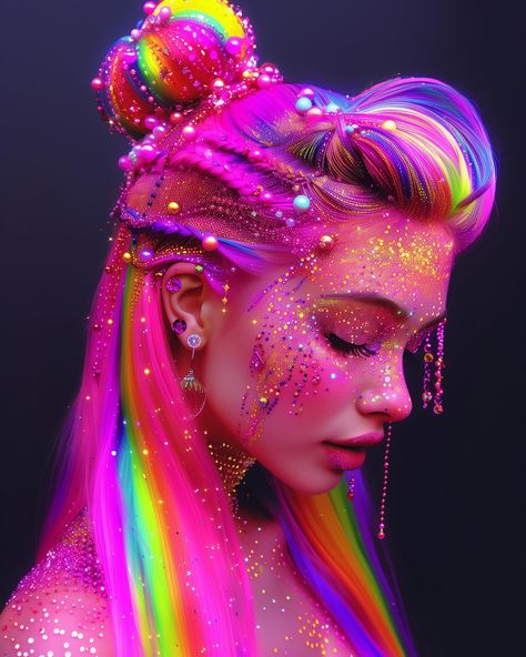 Inspired by the stunning drippy gems and beautiful hairstyles from @studioslayla , I couldn’t resist adding my own Lisa Frank twist to this set! ✨💎💖 #ArtInspiration #LisaFrankStyle #ColorfulCreations Lisa Frank Hair, Lisa Frank Fashion, Lisa Frank Palette Looks, Lisa Frank Cat Makeup, Lisa Frank Outfit, Lisa Frank Inspired Makeup, Flashy Makeup, Pastel Hairstyles, Halloween Lisa Frank