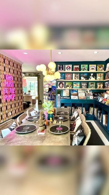 Twine & Twig® on Instagram: "Deck the Walls ✨ A breakdown of the record store dining room…the vining room" Music Dining Room, Music Themed Dining Room, Dining Room Music Room Combo, Decorating With Records, Barbie Hotel, Dining Room Accent Wall, Twine And Twig, Vinyl Room, Dining Room Accents