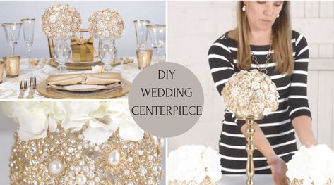 Absolutely gorgeous bling wedding DIY - an original centerpiece by Totally Dazzled Today's tutorial is a new take on the stunning brooch ball centerpieces we set up last week in our easy tutorial for wedding centerpieces. Inspired by the many amazing brooch bouquets we’ve seen in inspiration images over the last year, Vase Centerpieces Diy, Bling Centerpiece, Diy Bling, Urban Wedding Venue, Inspiration Images, Wedding Venue Inspiration, Bling Wedding, Wedding Centerpieces Diy, Gold Diy