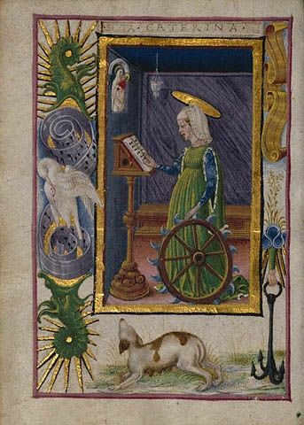 Catherine in her library, with her wheel. St Catherine Of Alexandria, Saint Catherine Of Alexandria, Catherine Of Alexandria, Art Medieval, Saint Catherine, Illustrated Manuscript, Medieval Books, Medieval Life, Getty Museum