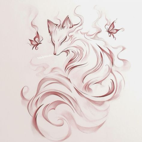 Fox Spirit Animal Tattoo, Fox Rabbit Tattoo, Fenic Fox Drawing, 9 Tailed Fox Tattoo, Art Akrilik, Fox Tattoo Sketch, Wild Heart Tattoo, Spirit Animal Tattoo, Flow Tattoo