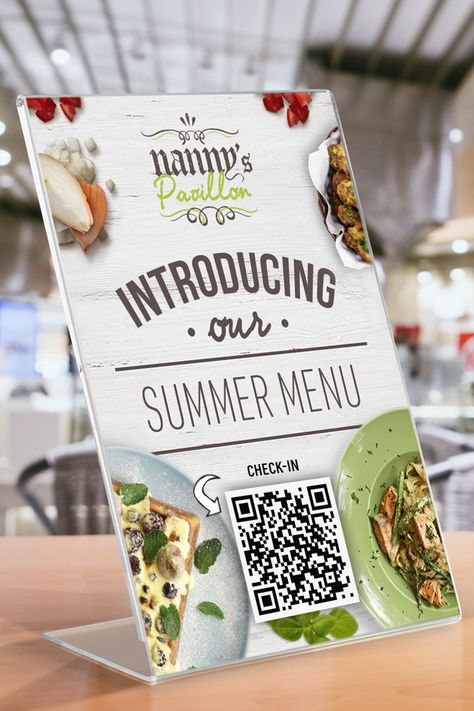 Angled acrylic sign holder on a restaurant tabletop displaying a QR code menu poster Restaurant Sign Design, Counter Signage, Restaurant Posters, Signage Stand, Gourmet Market, Business Table, Market Signage, Standing Signage, Restaurant Promotions