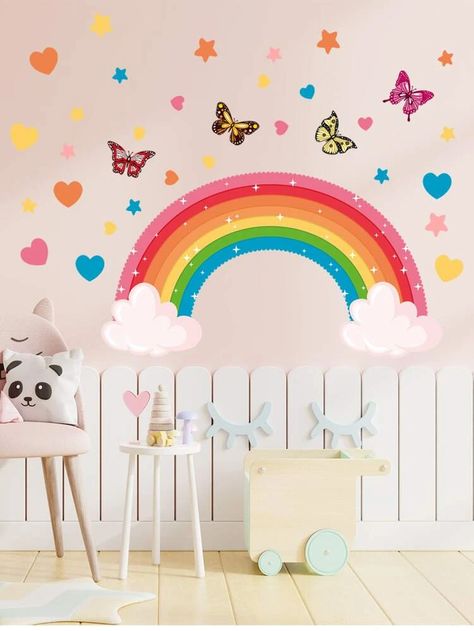 Kindergarten Wallpaper, Rainbow Wall Decal, Heart Wall Stickers, Wallpaper Watercolor, Butterfly Heart, Flower Wall Decals, Nursery Wall Stickers, Butterfly Wall Stickers, Rainbow Decorations