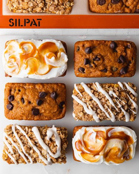 Pumpkin Mini Loaf Cakes — Style Sweet Pumpkin Cream Cheese Mini Loaf, Mini Pumpkin Loaf, Mini Loaf Pan Recipes, Mini Loaf Cakes, Pumpkin Loaf, Loaf Cakes, Mini Torte, Caramel Cream, Pecan Cake